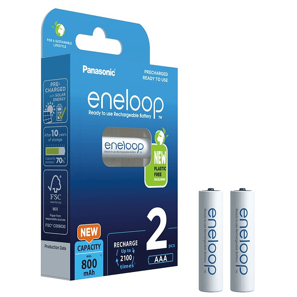 Blister 2 Pilhas Recarregáveis AAA 1,2V 800mAh eneloop - PANASONIC 