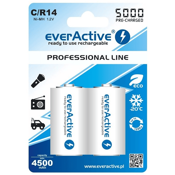 Blister 2 Pilhas Recarregaveis C / R14 NI-MH 1,2V 5000mAh (min 4500mAh) RTU - everActive 1