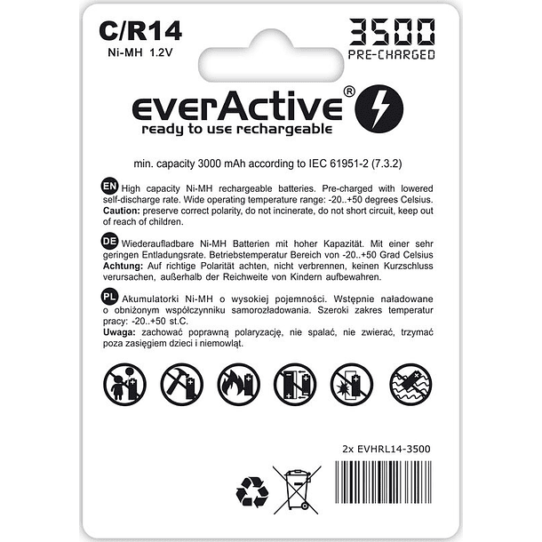 Blister 2 Pilhas Recarregáveis C / R14 NI-MH 1,2V 3500mAh (min 3000mAh) RTU - everActive 2