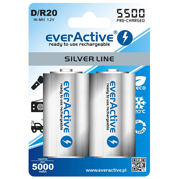Blister 2 Pilhas Recarregaveis NI-MH - D / R20 1,2V 5500mAh (min 5000mAh) RTU - everActive 