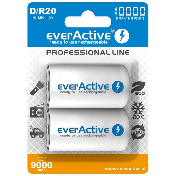 Blister 2 Pilhas Recarregaveis NI-MH - D / R20 1,2V 10000mAh (min 9000mAh) RTU - everActive 