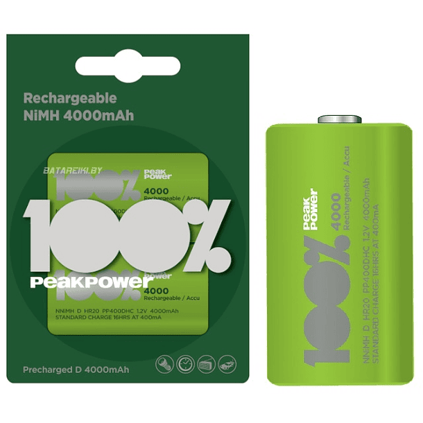 Blister 2 Pilhas Recarregáveis D / R20 Ni-Mh 1,2V 4000mAh - PEAK POWER 
