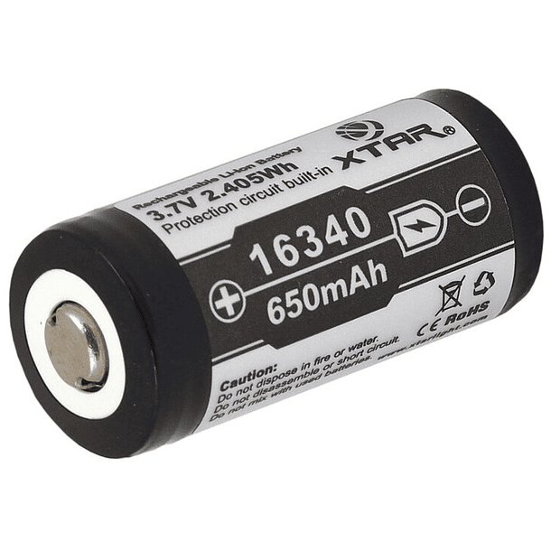 Pilha Recarregável Li-Ion ICR16340 (CR123) 1/2A 3,7V 650mAh - XTAR 1