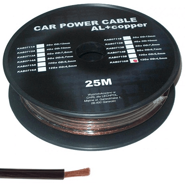 Bobine Cabo Alimentação p/ Amplificadores Auto Preto (25 mts) 