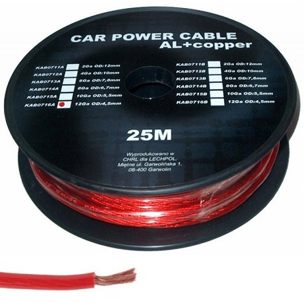 Bobine Cabo Alimentação p/ Amplificadores Auto Vermelho (25 mts) 