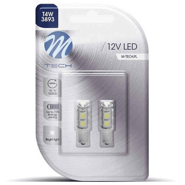 Blister 2x Lampadas BA9s T4W 9 LEDs SMD5050 12V Branco F. 6000K - M-TECH 1