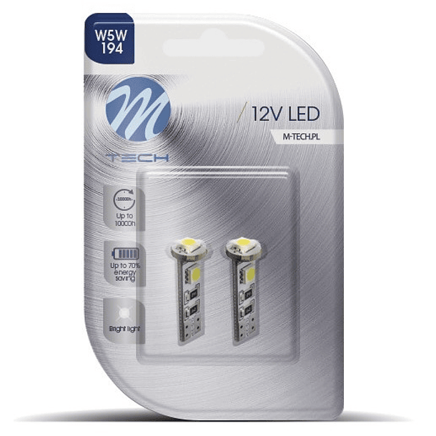 Blister 2x Lampadas T10/W5W 3 LEDs SMD5050 12V Branco 6000K CANBUS 1