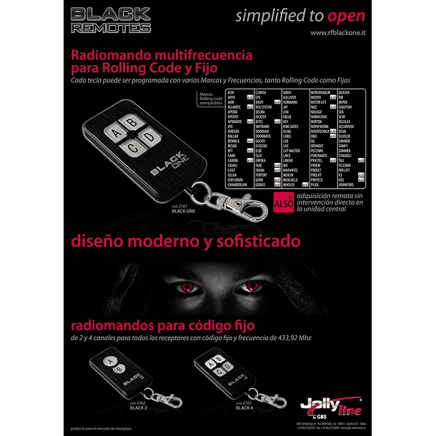 Comando Garagem Auto-Aprendizagem 4 Canais Multi-Freq. 433,90~868Mhz Rolling Code/Fixos - JollyLine 