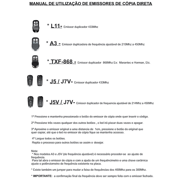 Comando Garagem Frequência Ajustável 220...450Mhz 2