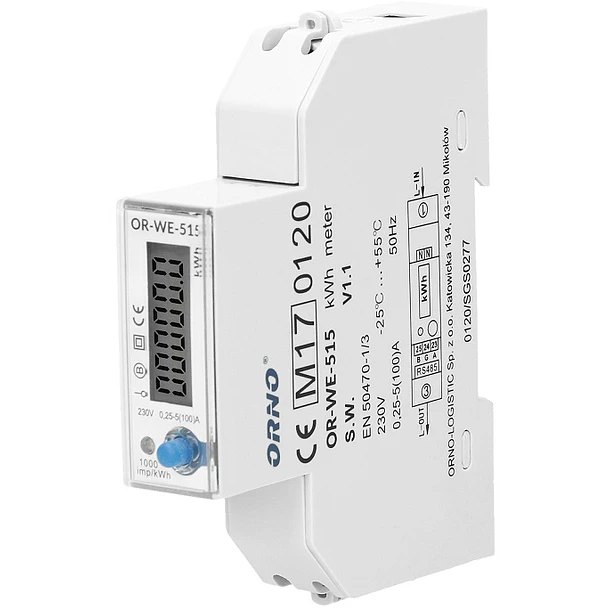 Medidor Digital de Consumo de Energia Multi-tarifa Monofásico (100A) c/ RS485 p/ Calha DIN - ORNO 1