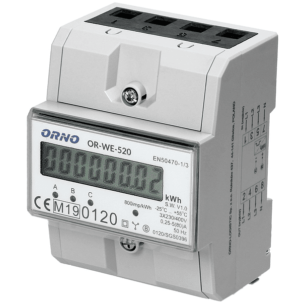 Medidor Digital de Custos de Energia p/ Calha DIN 80A c/ MID (Trifásico) - ORNO 1