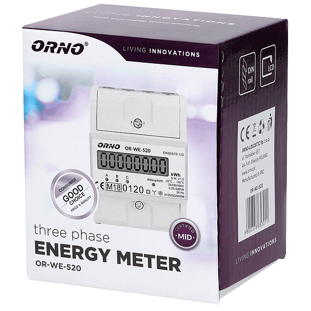Medidor Digital de Custos de Energia p/ Calha DIN 80A c/ MID (Trifásico) - ORNO 3