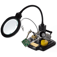 Lupa de Mesa c/ Iluminação LED + Suporte de Ferro Soldar + Pinças