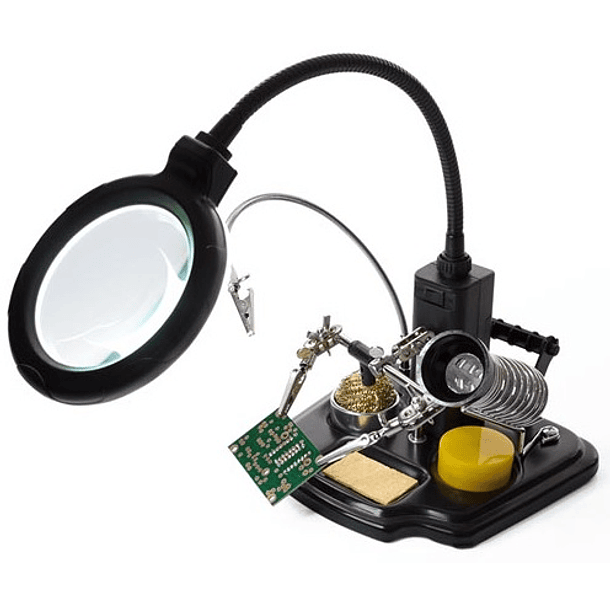 Lupa de Mesa c/ Iluminação LED + Suporte de Ferro Soldar + Pinças 1