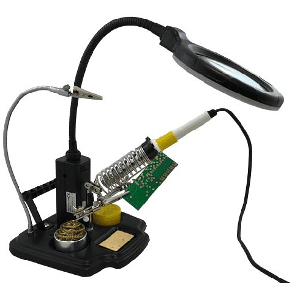 Lupa de Mesa c/ Iluminação LED + Suporte de Ferro Soldar + Pinças 2