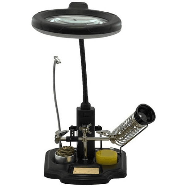 Lupa de Mesa c/ Iluminação LED + Suporte de Ferro Soldar + Pinças 3
