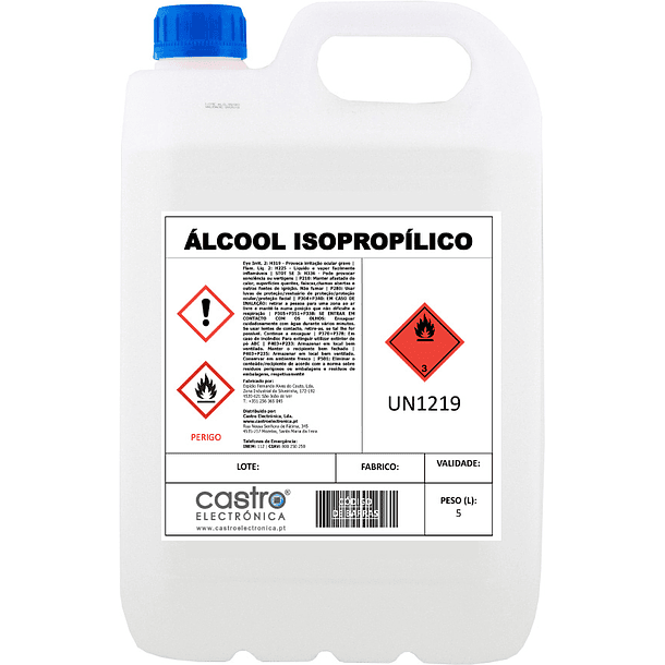 Álcool Isopropílico (Isopropanol) p/ Limpeza - 5 Litros 