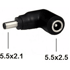 Ficha Adaptadora 90º DC 5,5 x 2,1 Macho -> 5,5 x 2,5 Femea