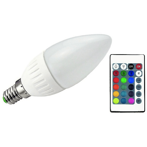 Lampada LED C37 220V E14 RGB + Branco 4000K 5,5W c/ Comando 