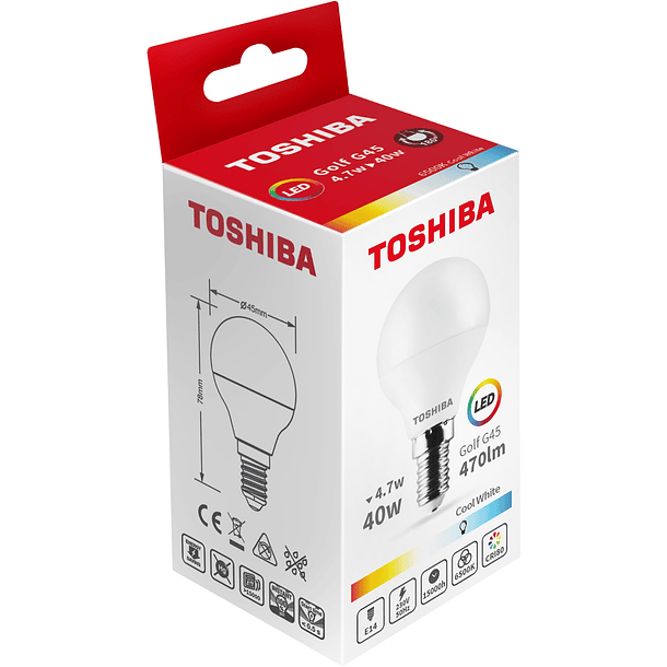 Lâmpada LED E14 G45 4,7W 6500K 470Lm - TOSHIBA 