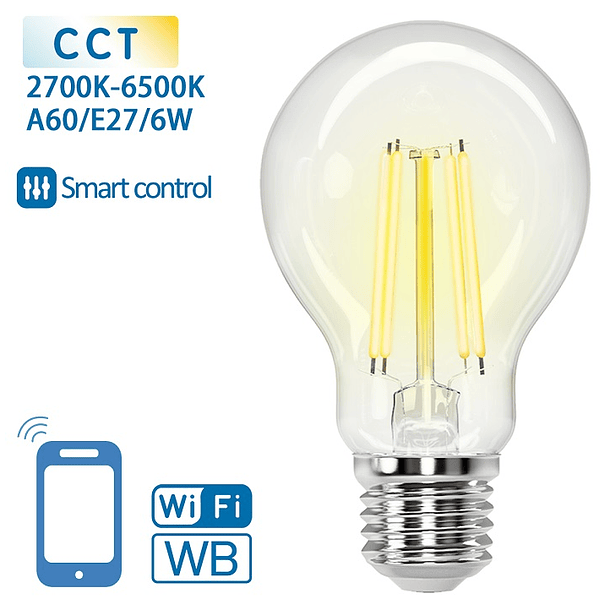 Lâmpada LED Inteligente E27 A60 Filamento Smart Wi-Fi 220V 6W 2700K ~ 6500K 850Lm (Transparente) 1