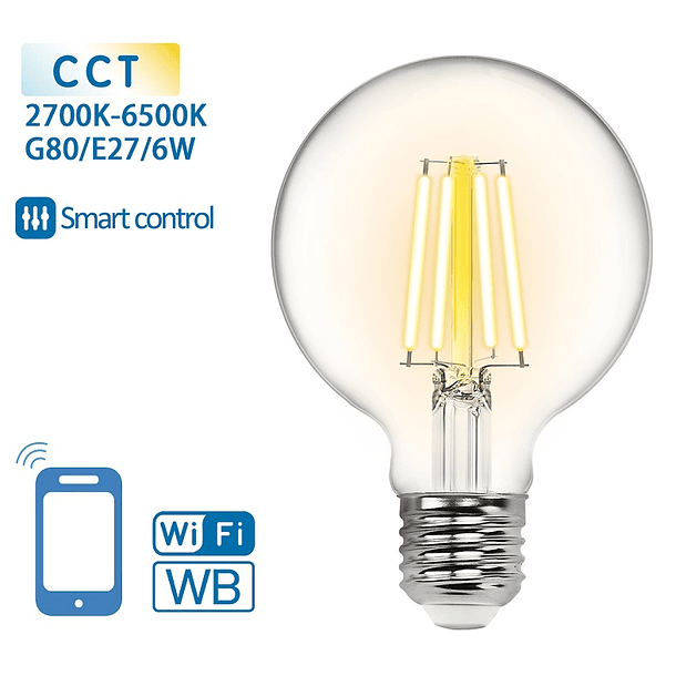 Lâmpada LED Inteligente E27 G80 Filamento Smart Wi-Fi 220V 6W 2700K ~ 6500K 850Lm (Transparente) 1