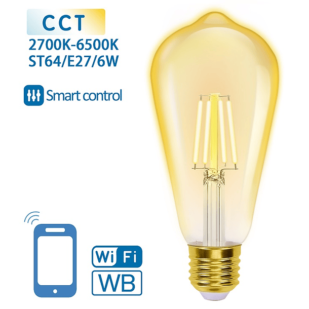 Lâmpada LED Inteligente E27 ST64 Filamento Smart Wi-Fi 220V 6W 2700K ~ 6500K 806Lm (Âmbar) 1