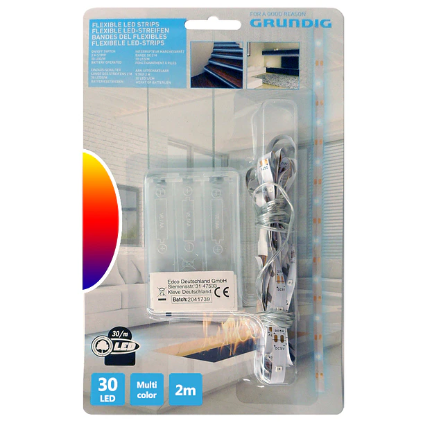 Fita 30 LEDs Flexíveis 2mts c/ Interruptor (a pilhas) Multicor - GRUNDIG 