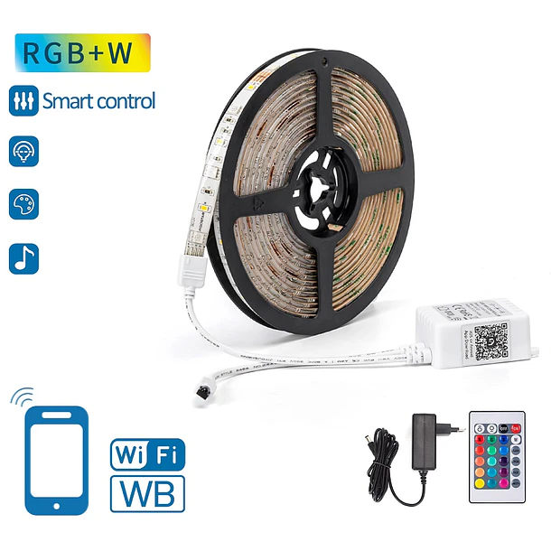 Pack Fita LEDs Inteligente Smart RGB+W Wi-Fi 12V (5 mts) + Controlador + Fonte Alimentação 1