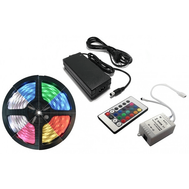 Pack Fita 300 LEDs SMD5050 14,4W/m IP65 RGB (5 mts) 12V + Controlador + Fonte Alimentação 1