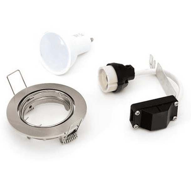 Pack Lampada LED 220V GU10 7W Branco Q. 3000K 560Lm c/ Suporte Lampada + Aro Aço Escovado - OMEGA 1
