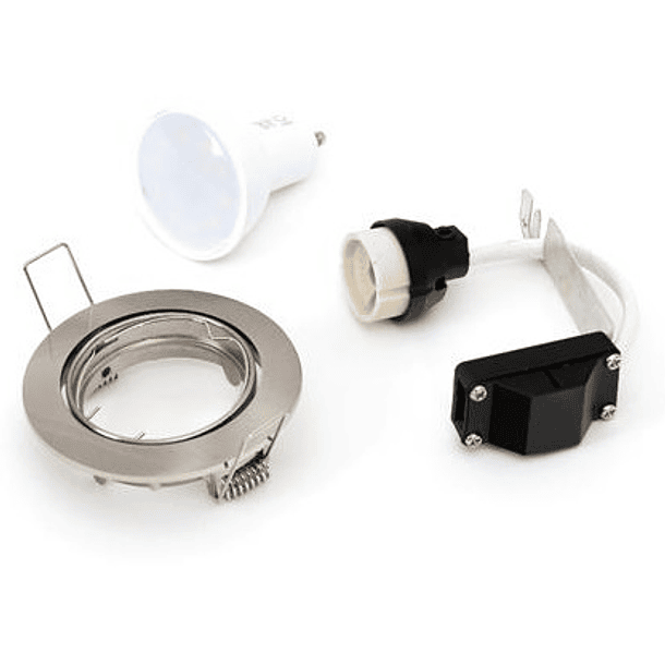 Pack Lampada LED 220V GU10 7W Branco 4000K 560Lm c/ Suporte Lampada + Aro Aço Escovado - OMEGA 1