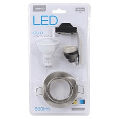 Pack Lampada LED 220V GU10 7W Branco 4000K 560Lm c/ Suporte Lampada + Aro Aço Escovado - OMEGA