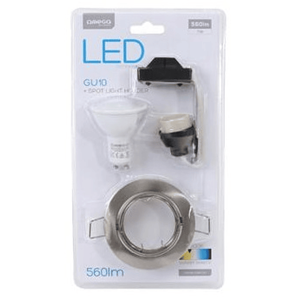 Pack Lampada LED 220V GU10 7W Branco 4000K 560Lm c/ Suporte Lampada + Aro Aço Escovado - OMEGA 2