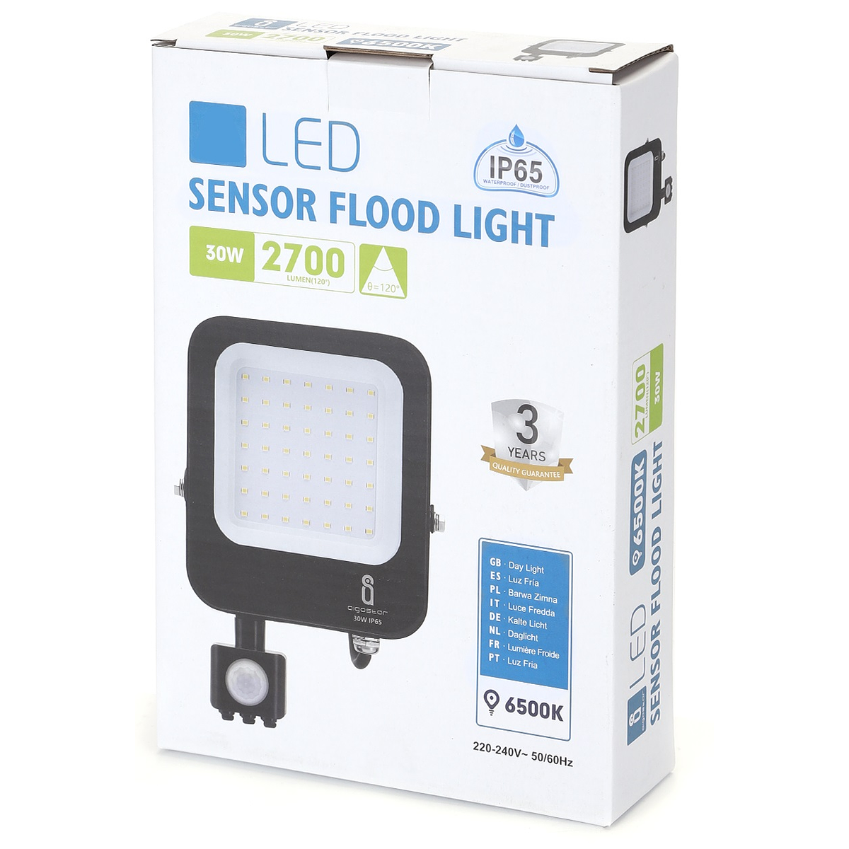 Projector LED IP65 220V Branco F. 6000K 30W 2700Lm c/ Sensor