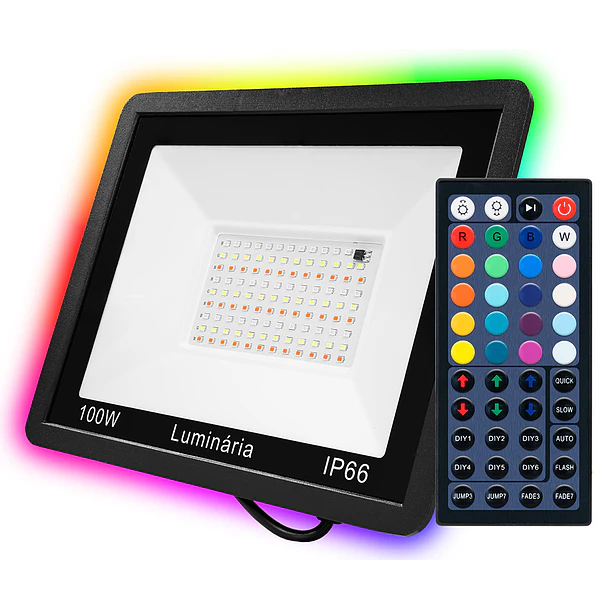 Projector LED RGB+W IP65 220VAC 100W 6000Lm c/ Comando 