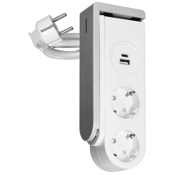 Extensão Dupla + USB-A + USB-C c/ Clip Fixação à Mesa 1,4 mts (Branco) - ORNO 1