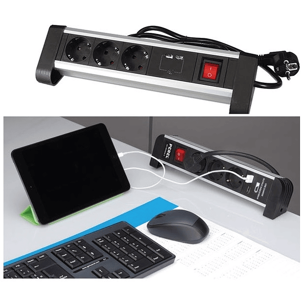 Extensão Tripla + 2x USB c/ Interruptor (1,4 mts) p/ Secretárias, Balcões, ... - PEREL 1