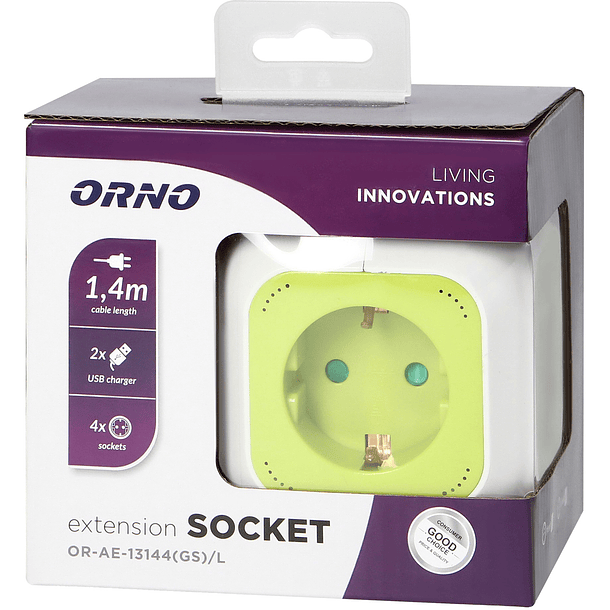 Extensão Quadrupla c/ 2x USB Verde (1,4 mts) - ORNO 2