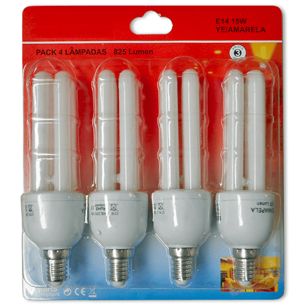 Pack 4x Lampadas Economizadoras E14 220V 2U 15W Branco Q. 3000K 825Lm 2