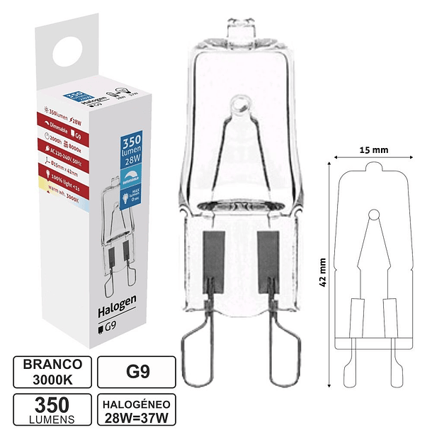 Lampada Halogéneo G9 220V 28W(=37W) 370Lm 