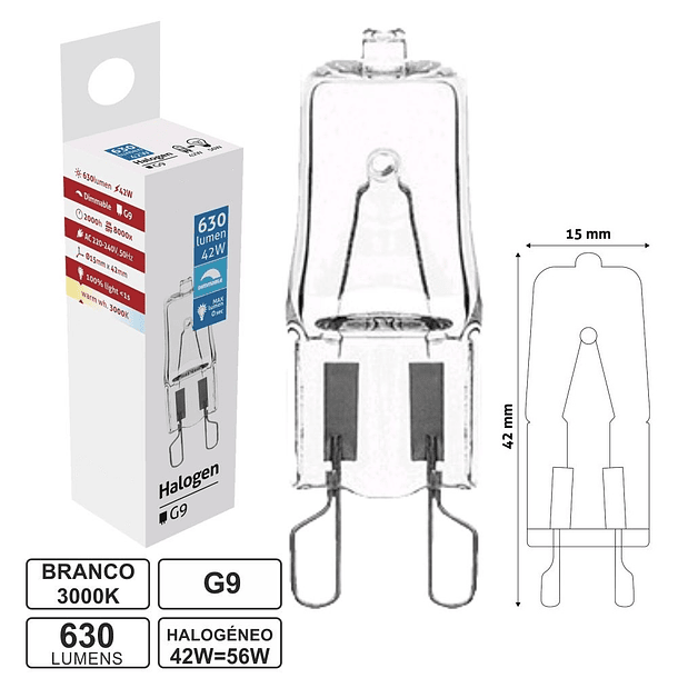 Lampada Halogéneo G9 220V 42W(=56W) 630Lm 