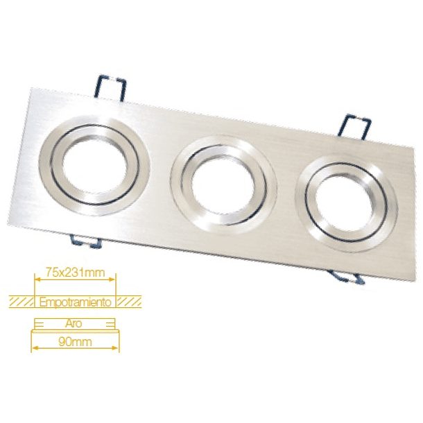 Aro Triplo Quadrado Ajustável em Aluminio p/ Lampadas MR16-GU10 