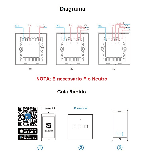 Interruptor Triplo Touch (3 Gang) Smart Wi-Fi+RF em Vidro de Encastrar (Preto) - Sonoff 4