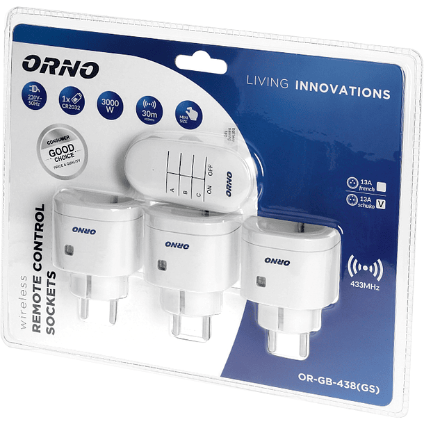 Sistema de 3 Tomadas ON-OFF c/ Comando s/ Fios - ORNO 2