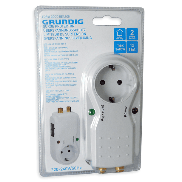 Tomada Protectora Contra Sobrecargas 3680W 16A c/ Fichas TV, RJ45 e Telefone - GRUNDIG 2