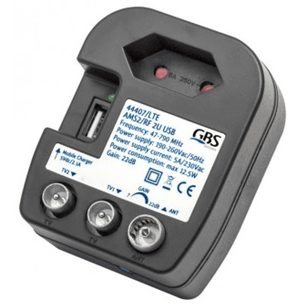 Amplificador Interior VHF/UHF LTE (22dB) 2 Saídas c/ USB - GBS 1