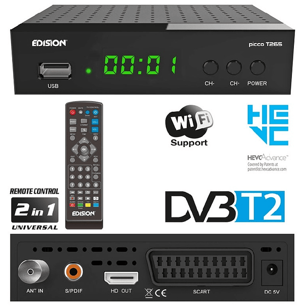 Receptor DVB-T2/C (TDT+Cabo) H.265 Full HD c/ USB - EDISION PICCO T265+ 1