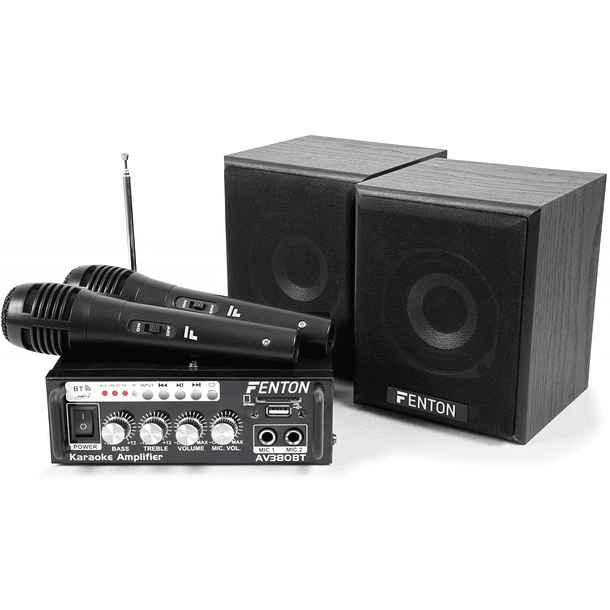 Pack Amplificador Karaoke (USB/SD/MP3/BLUETOOTH) 2x 40W RMS c/ Colunas e Microfones - FENTON 1