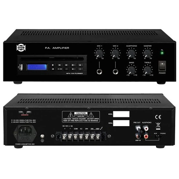 Amplificador Linha 100V 30W RMS c/ Leitor CD/MP3/USB - SHOW PA-30CH 